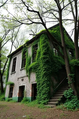 An old abandoned building with all green walls and trees branch around it