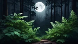 low poly, arched fern leaves nestled in a dense, dark forest. A pale light illuminates the scene, creating an ethereal atmosphere. this photorealistic depiction captures the moody and dramatic essence of a moonlit night forest, with a background of deep, lush foliage,dramatic scene