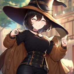 Clear focus, High resolution, short brown spiky hair, hair between eyes, eyes closed, wearing a brown detective hat, wearing a brown jacket and a black shirt, wearing black shorts, 1girl, pulling hat down, smiling