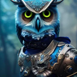 Anthropomorphic blue owl, big green eyes, lots of details, portrait, finely detailed armor, cinematic lighting, intricate filigree metal design, 8k, unreal engine, octane render, realistic, redshift render