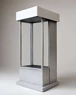 Inspired by Mark Rothko, gestalt theory, silver mean, intricate brutalist miniature porcelain sculpture of vacant street commercial kiosk on legs, circa 2000, in a contemporary urban art gallery, pure and clean materials. Eye-catching, vivid, product-focused, sharp focus.