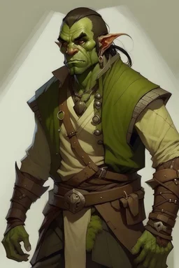 half orc twenty something man wearing rogue clothing, mischievous