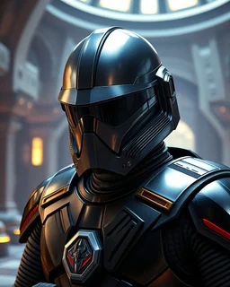 star wars bald male corellian pilot wearing pearlescent black and gunmetal grey First Order special forces heavy assault stealth commando armor and helmet with mirrored visor and gold and metallic red trim inside the jedi temple, hyperdetailed, dynamic lighting, hyperdetailed background, 8k resolution, volumetric lighting, light skin, fully symmetric details