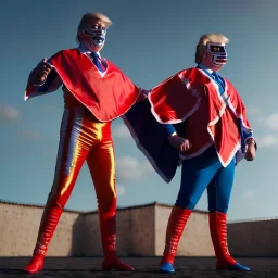 realistic image of donald trump as a mexican wrestling fighter posing outdoors, Mexican eyes wrestling mask, red and blue breeches, confederate flag cape, retro style, 80s, vibrant color, highly detailed, sky background, concept art, unreal engine 5, god rays, ray tracing, RTX, lumen lighting, ultra detail, volumetric lighting, 3d, finely drawn, high definition, high resolution.