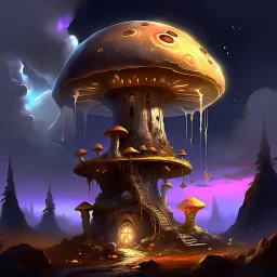 A fantabulous glowing, (((mushroom tower house))) erected atop a (tall geologic pillar), surrounded by uncanny imaginative ((( spiraling skies))), offset by the stark hues of a (nebulous space scape), . captured by the hand a skilled master painter with a focus on (softly textured compositions and voluminous lighting).