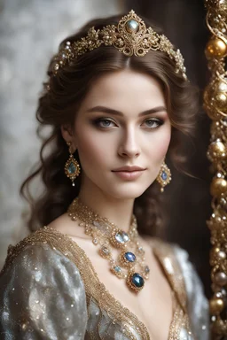 Full body photography cinematic realistic soft blur ,natural beauty,natural colors, of young woman, smiling, beautiful, shiny grey eyes, make up, Victorian Byzantine style, shiny baubles, ornate, large gemstones, shiny molten metalics, shiny wire filigree, brown hair, high definition,photography art