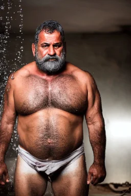 full figure shot photography of a furious wet chubby strong iranian sweaty 57 years old strong carpenter working hard in a construction site, under a huge water leak raining, in tank top and boxer, bulge, long beard, hairy chest, tattoo, long curly hairs, photorealistic, 32k, furious eyes, side lights, ambient occlusion, frontal view from the floor