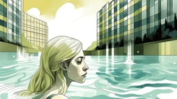 Illustration of a woman swimming in a pool next to a modern building, with a sketch-like style, reminiscent of ink and watercolor techniques. The woman, possibly Caucasian with fair skin and blonde hair, appears to be around 30 years old. She is seen from the back, partially submerged in the water, which reflects the sunlight and the building's structure. The building is a modern design with a combination of dark and light-colored walls, featuring rectangular shapes and windows. The surrounding