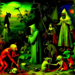 some mysterious figures, odd background, cinematic, Hieronymus Bosch, Max Ernst, vegetal life, rotten, ambient light, cry, ritual, animals