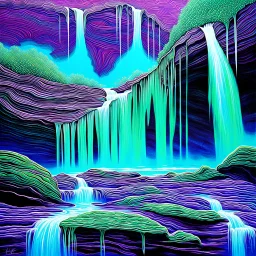 Three mesmerizing upside-down waterfalls cascade gracefully in a surreal alien realm. The water flows upward, defying gravity in a stunning display of otherworldly beauty. This detailed painting captures the vivid hues of emerald and turquoise water against a backdrop of shimmering violet rocks. Each waterfall is intricately depicted, with intricate patterns and textures that draw the viewer in. The overall effect is a masterpiece that seamlessly combines fantasy and reality in a way that is tru