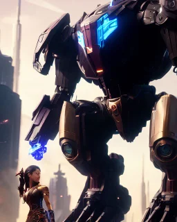 Giant robot firing rocket at a vulnerable girl on her knees. Intricate mech details, ground level shot, 8K resolution, Cinema 4D, Behance HD, polished metal, Unreal Engine 5, rendered in Blender, sci-fi, futuristic, trending on Artstation, epic, cinematic background, dramatic, atmospheric