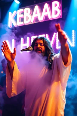 An "Kebab man" performing at dance club, his name is "Kebab man" and looks crazy, Jesus on stage, only White and light blue Neon lights and smog, "KEBAB IN HEAVEN" SIGN ON WALL