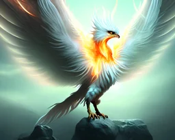 glowing white phoenix rising from white light, flaming neck, soft flaming wings, soft lighting