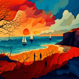 Vibrant painterly illustration, symbolic geometric realism. A surreal coastal landscape divided between land and sea. On a dark cliff in the foreground stands a leafless tree with delicate branches; nearby, small human figures appear as silhouettes. Sailboats float on a gently moving sea, their shapes simplified and graphic. Strong contrast between warm and cool tones, high color saturation, luminous pigments. Clearly painted surface with visible brushstrokes, flat yet textured color fields, han