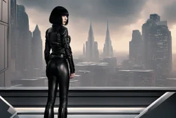 girl wearing black leather, shoulder-length bob, with fringe, in a science fiction building looking out over a large city