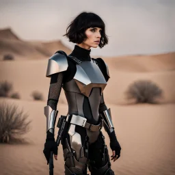 futuristic beautiful caucasian half cyborg female soldier, black metal body and limbs, chrome details, anorexic figure, short brunette wavy bob haircut, dystopian, desert scene