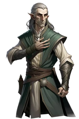 middle aged high elf ranger wearing medieval clothes with hands by his side