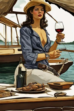 A Woman with pistol and a table bottle of wine on a boat digital art