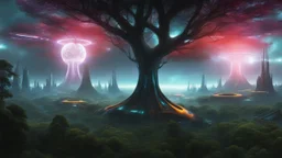 hyper realistic, tron legacy movie, aliens creatures, space ships of the future, city of the future, green nad dark red trees , forest, yellow, blue, purple, orange, space, planets, god creations