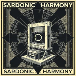 Album art by Peter Saville, technical blueprints for a guillotine, radiation symbol logo for "SARDONIC HARMONY", gnarly, awesome, trending