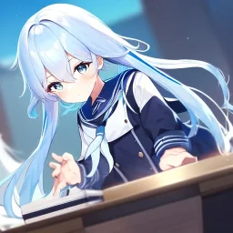 Clear focus, High resolution, long fluffy light blue hair, hair between eyes, long locks, wearing a sailor uniform, wearing a sailor skirt, long black socks, 1girl, cartoon, cute, UNFOTABLE studio