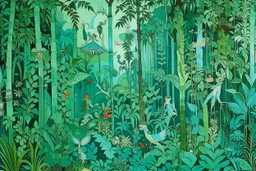 A mint colored jungle with pirate fairies designed in ancient Roman mosaics painted by the Limbourg brothers