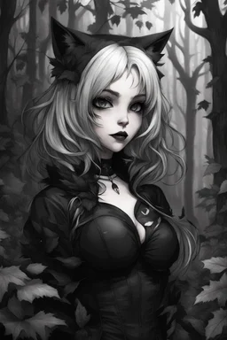 CAT GIRL, goth, forest, nature, cartoon, leaves, black and white hair, boobs, portrait, colour iamge