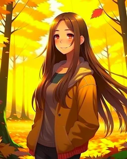 A young girl with long hair and autumn clothes in the autumn forest, beautiful portrait anime