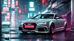 highest detail, photo realistic, japanese otomotif magazine headline of cyberpunk silver colored Audi RS car on the background of dark dirty style cyberpunk city in the style with many neon shop sign by nicholas hiattcinematic, cinematic lighting, raytracing, 8 k, octane render, volumetric, vivid, beautiful, hyperrealism