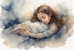 Small girl with long curly brown hair sleeping in god's hand (a big, clear hand) watercolor and ink, backlit, mist and fog