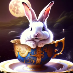 laughing bunny king , dreaming of the moon and stars and flying hats, drinking warm tea surfing waves on a teacup,misty fantasy art, book cover