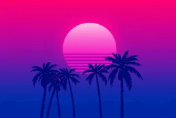 8 bit pixelart of synthwave sun, synthwave colores only, palmtrees synthwave, synthwave collored, vaporwave