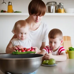 Realistic photo Russian shorthair beautiful tomboy boyish boylike young mother in kitchen