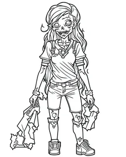 outline art for zombie girl coloring page, Japanese manga style, cartoon style, cute face, white background sketch style, full body is a must, only use outline, clean line art, no shadow, bold outline