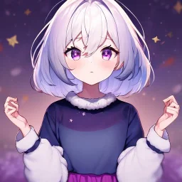 Clear focus, High resolution, A anime kid, cute, rough line skecth, hard shading, stars around 1girl, short dark cyan hair, fluffy short fluffy cut, purple eyes