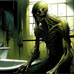 by frank miller, by Dave mcKean, realistic illustration of modern bathroom creepy translucent lovecraftian creature hiding inside the bathtub, sinister, ghost hunter found footage.