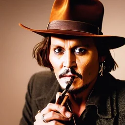 portrait of johnny depp as indiana jones smoking, with a cross in hand, in studio