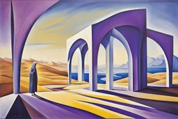 a surreal open gothic_arab gate in a glass wall with a view of a desolate landscape, storm, strong contrasts, by artist "Leonora Carrington",by artist "Zaha Hadid",These colors are bold, vibrant, and intense, including shades of colors such as purple, blue, and yellow.