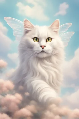 fantasy. a big happy cat with soft fluffy colored fur and translucent wings like a butterfly flies across a realistic sky. clear details.