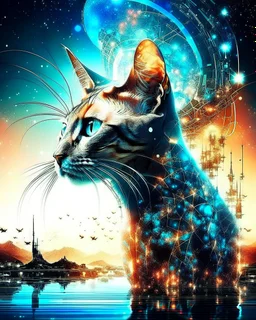 lora:Double Exposure Flux:1.0> A Oriental shorthair Siamese cat Against stars background Hyperealistic bioluminescent double exposure of Intricate Elaborate Double Exposure :: transparent cthulhu :: white background :: sunset+technology+memories inside double exposure art :: transparent layers by Photoshop Layers :: post processed double exposure art :: inspired by Surrealism+Pointillism+Double exposure art