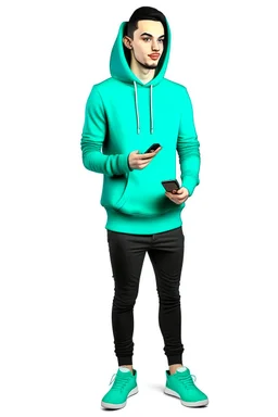 Modern guy, 20s, "holding ipad in left hand", looks like a "renaissance painting look", walking forward, full body, "persian green hoodie", blue pants, "right hand pointing down". "Front facing" "forward view" white background