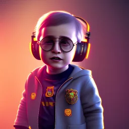 Harry Potter toddler, smile, cyberpunk headphone, sunglass, gangsta neckless, full body, orange puffer jacket, tokio background, dramatic lighting, hyper realistic, unreal engine 5, 16k