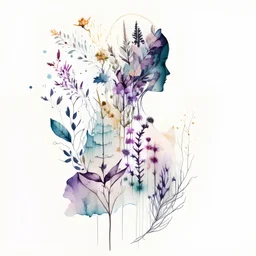 Watercolor minimal line art of double exposure of Bohemian flowers and cottagecore woodland fairy