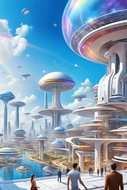 ville futuriste ultra moderne, ufos, rainbows,intergalactic city