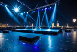 a big open disko stage in modern city in a very big square , at distance,blue sky pretty clouds ,night .