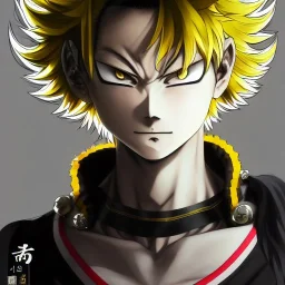 Detailed anime portrait of tangsan from my hero academia, gold hair and golden eyes, black suit, intricate details, full body portrait, keep head in frame, slight smile, black Japanese motif, concept art, highly detailed, digital painting, concept art, sharp focus, illustration, art by Yoji Shinkawa, WLOP and greg rutkowski and alphonse mucha and artgerm and yanjun Chen and Junji ito and Makoto Shinkai, HDR, octane render