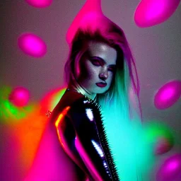 A 1990s or early 2000s magazine party photoshoot. Neon blob, metallic spikes, ethereal. Extremely detailed, HD photography, high quality, stylized, dramatic, high contrast, high exposure.