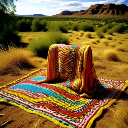 A land made out of Navajo yarn designed in Kuna Molas