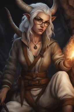 A realistic rendering of a Dnd character with a long tail and small horns in a dark cave. A female Tiefling archeologist with white skin, white hair wearing glasses, in brown adventurer's clothes. Cunning, beautiful, cool.