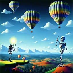 The Skeleton and the Grim Reaper on balloon world, discussing the future of the universe, art by Magritte and Pixar